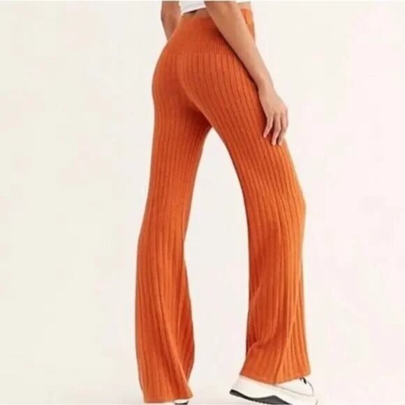 Free People Keep It Real Flare High Waist Mango Ribbed Knit Sweater Pants Small - Picture 4 of 12